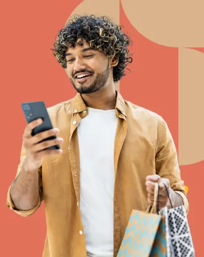 Man checking utility rewards while shopping