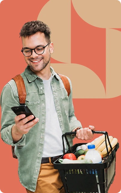 Man checking rewards while grocery shopping
